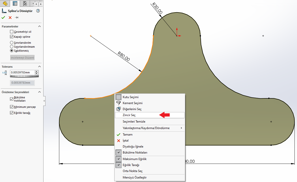 SOLIDWORKS Spline Oturt Komutu ile Teğet Kenarları Yok Etme
